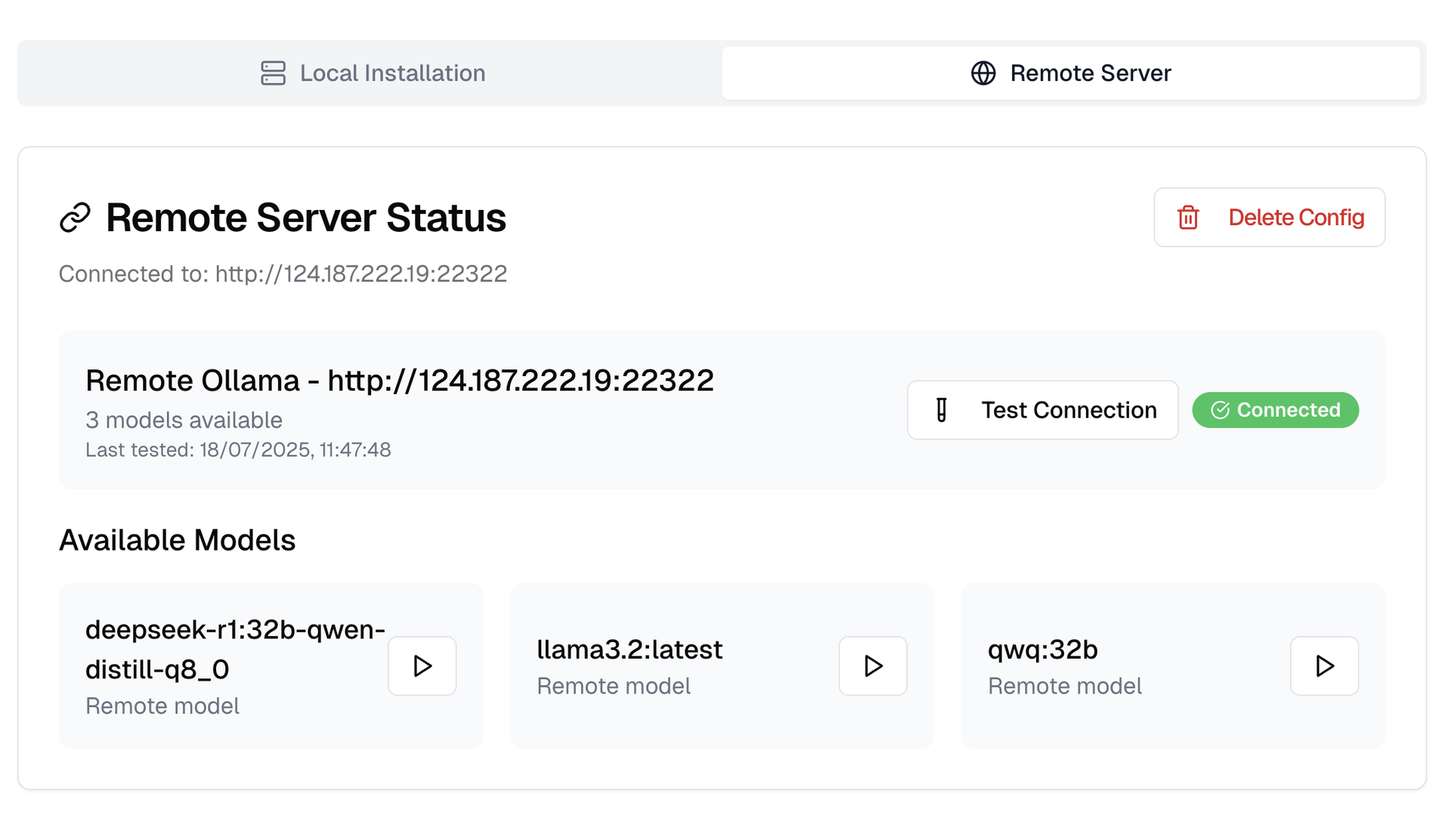 Server Connections interface