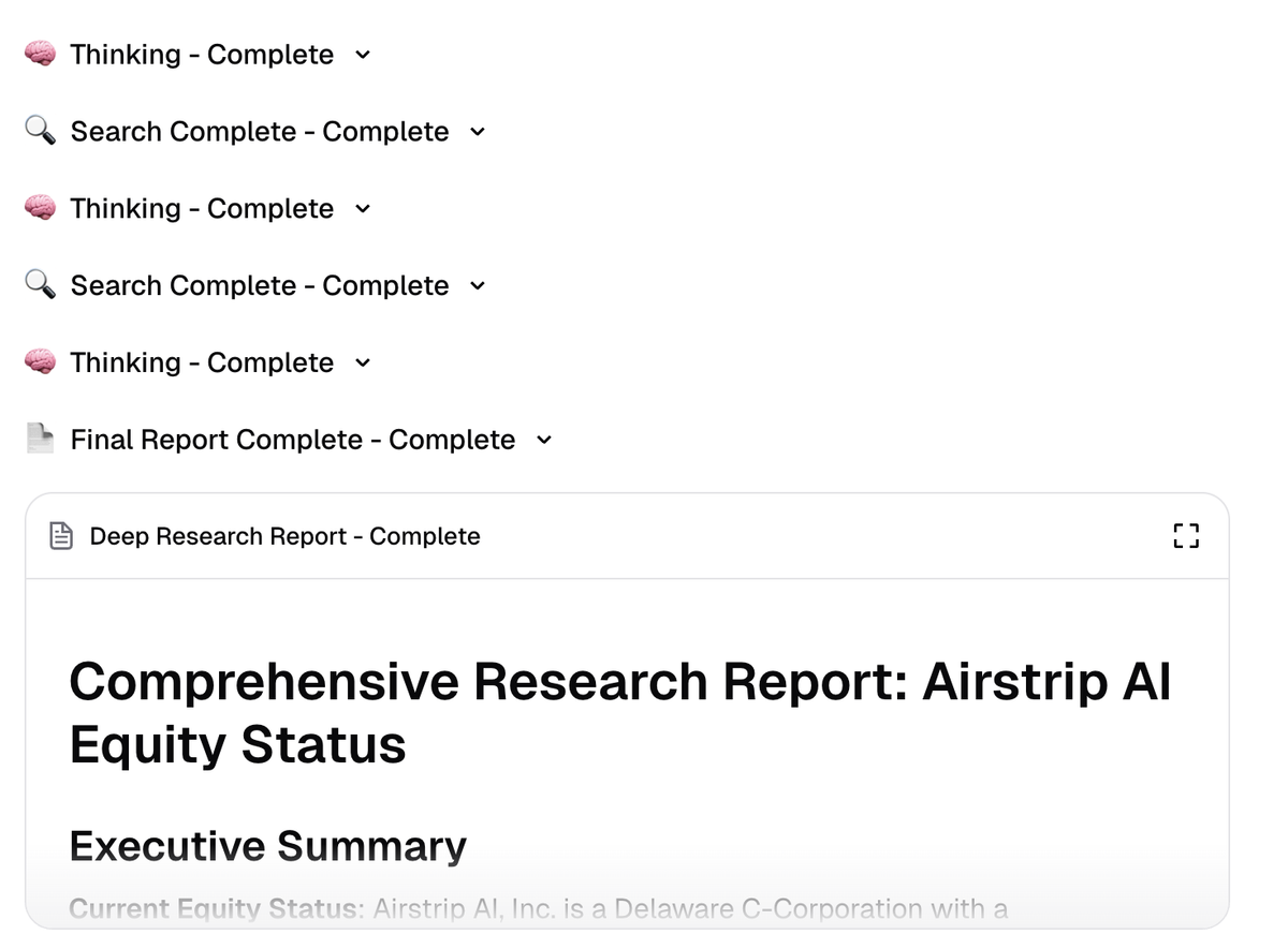 Deep research agents interface showing complex analysis and comprehensive reports